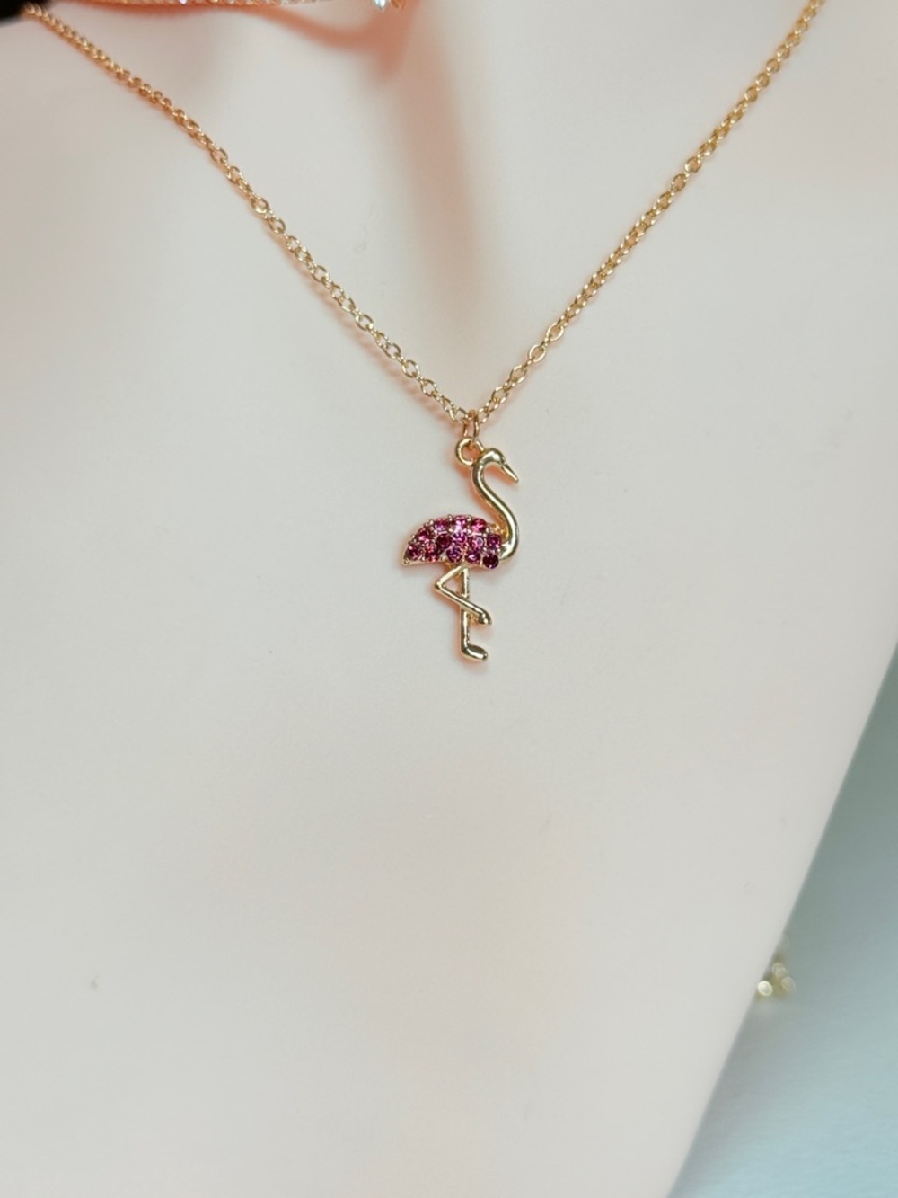 Gold Flamingo Pendant Necklace with Pink Crystal Accent - Picture 3 of 9